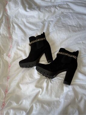Black Suede Block-Heel Ankle Boots with Gold Chain